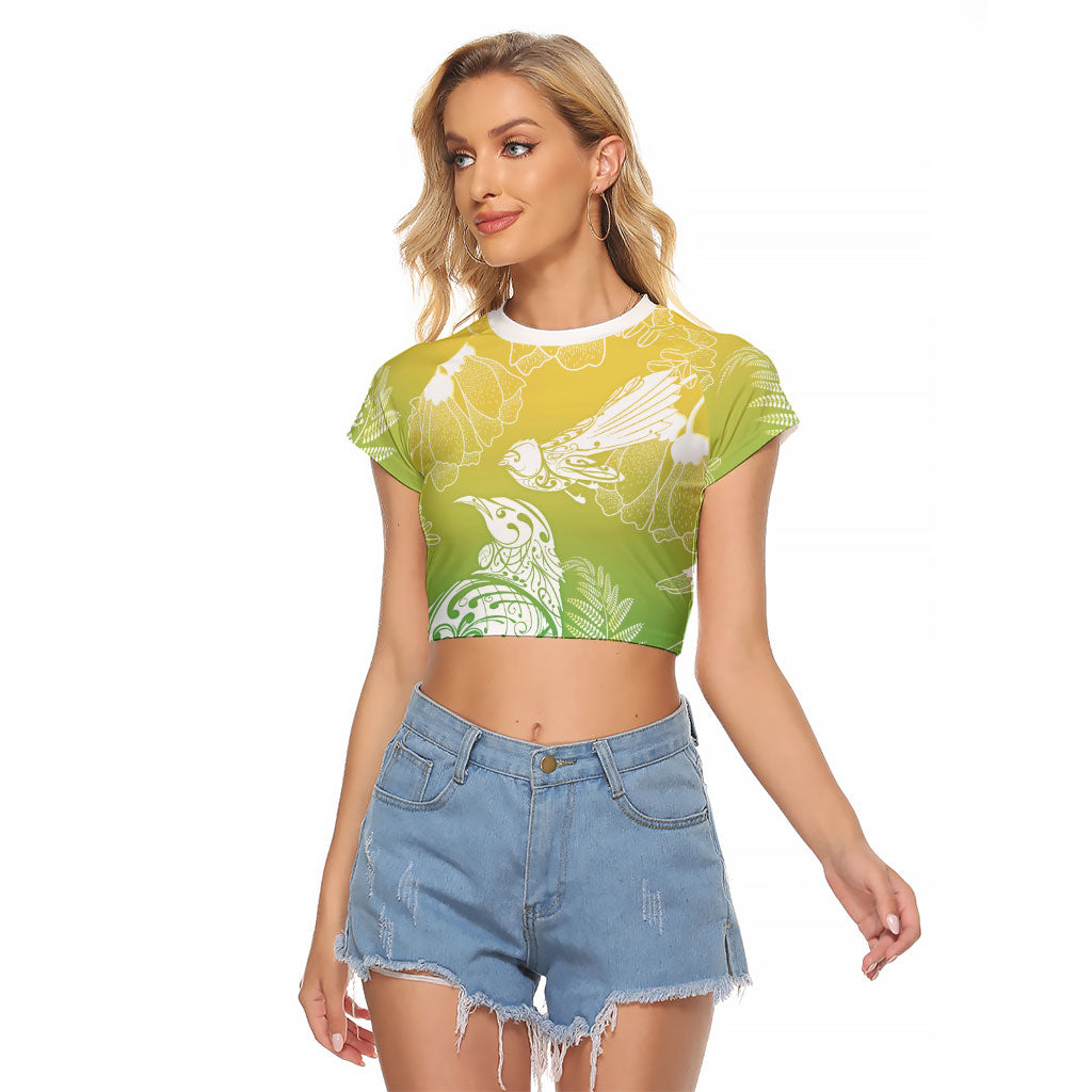 Aotearoa Maori Mahuru Tui With Pikawakawa Raglan Cropped T Shirt Spring Time
