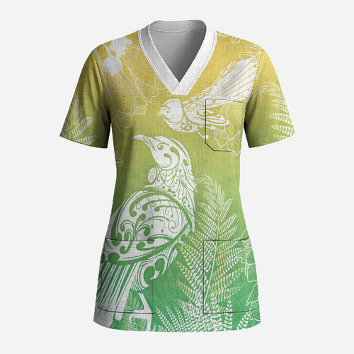 Aotearoa Maori Mahuru Tui With Pikawakawa Scrub Top Spring Time