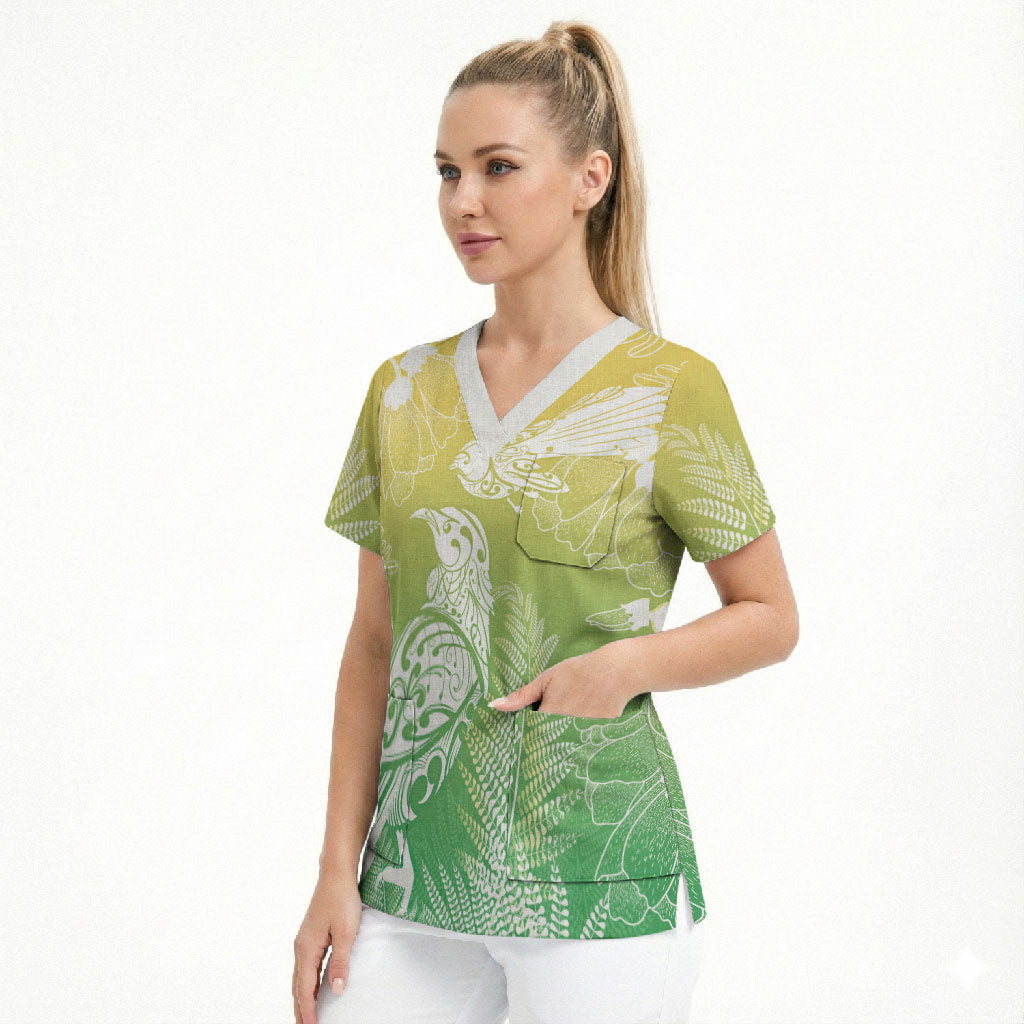 Aotearoa Maori Mahuru Tui With Pikawakawa Scrub Top Spring Time