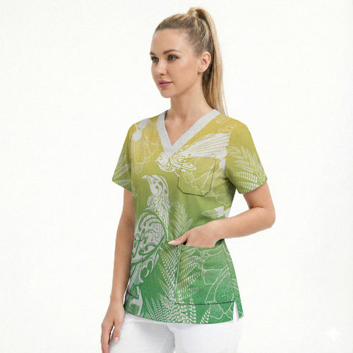 Aotearoa Maori Mahuru Tui With Pikawakawa Scrub Top Spring Time