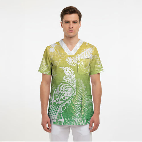 Aotearoa Maori Mahuru Tui With Pikawakawa Scrub Top Spring Time