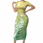 Aotearoa Maori Mahuru Tui With Pikawakawa Short Sleeve Bodycon Dress Spring Time