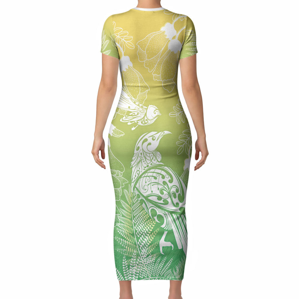 Aotearoa Maori Mahuru Tui With Pikawakawa Short Sleeve Bodycon Dress Spring Time