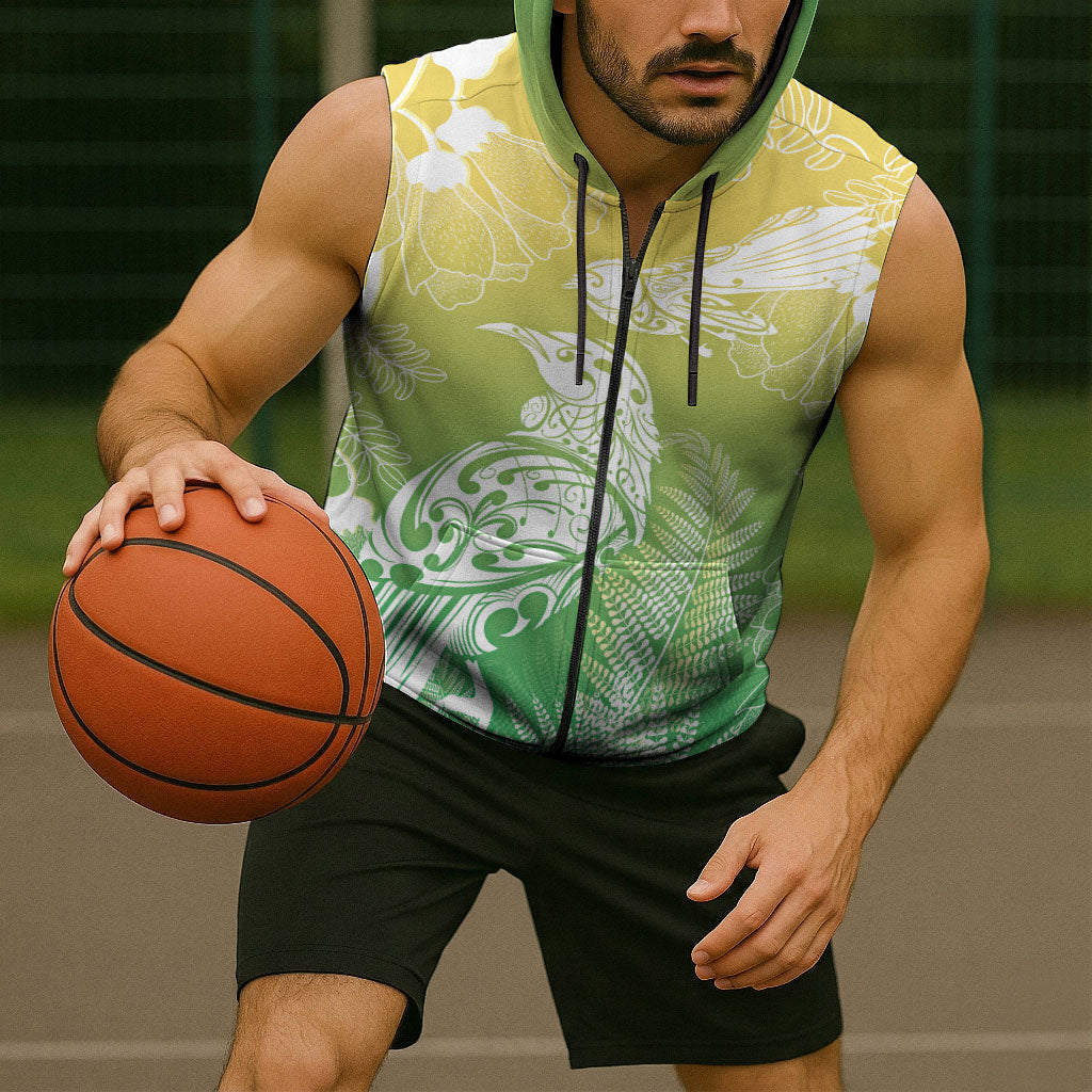 Aotearoa Maori Mahuru Tui With Pikawakawa Sleeveless Zip Hoodie Spring Time