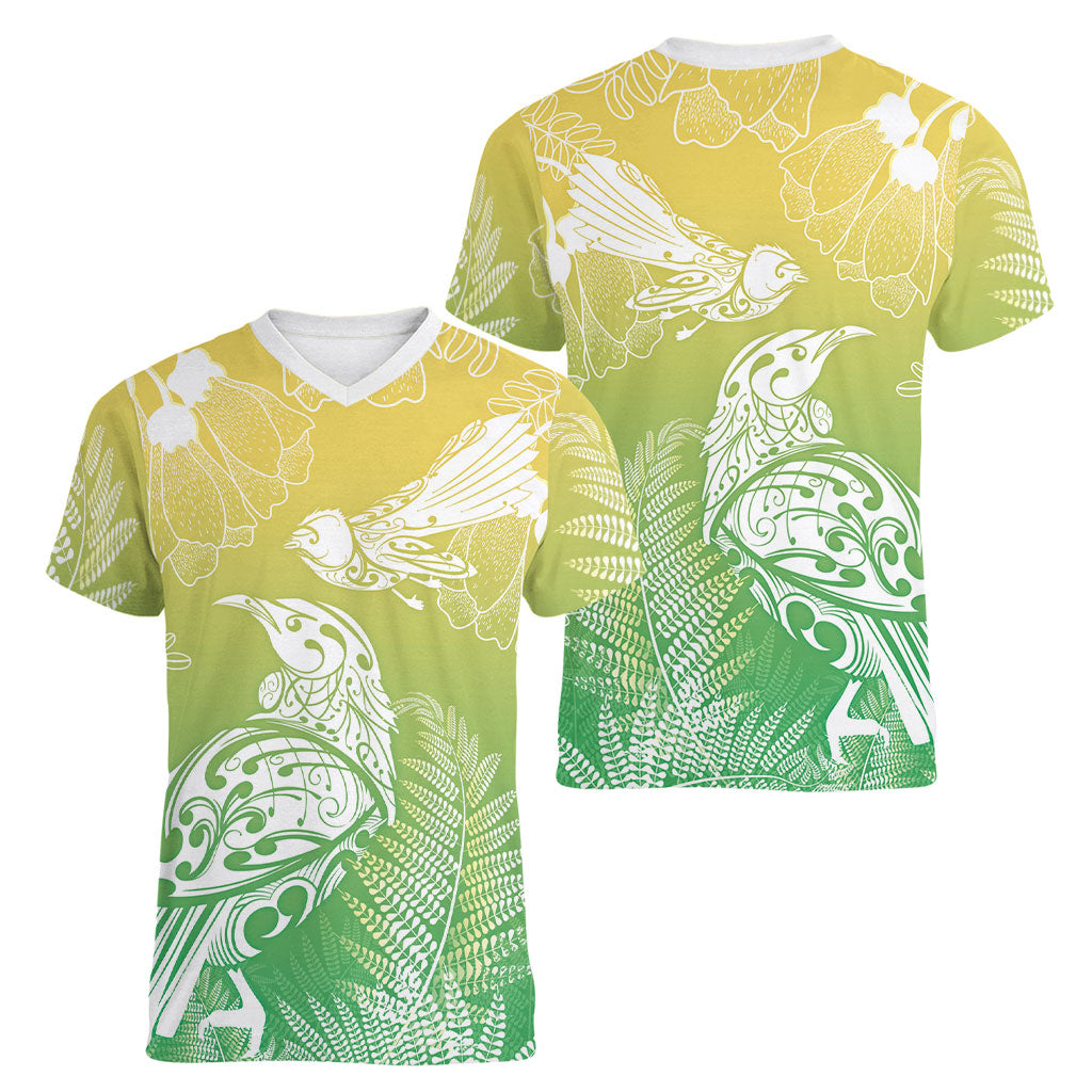 Aotearoa Maori Mahuru Tui With Pikawakawa Women V-Neck T-Shirt Spring Time