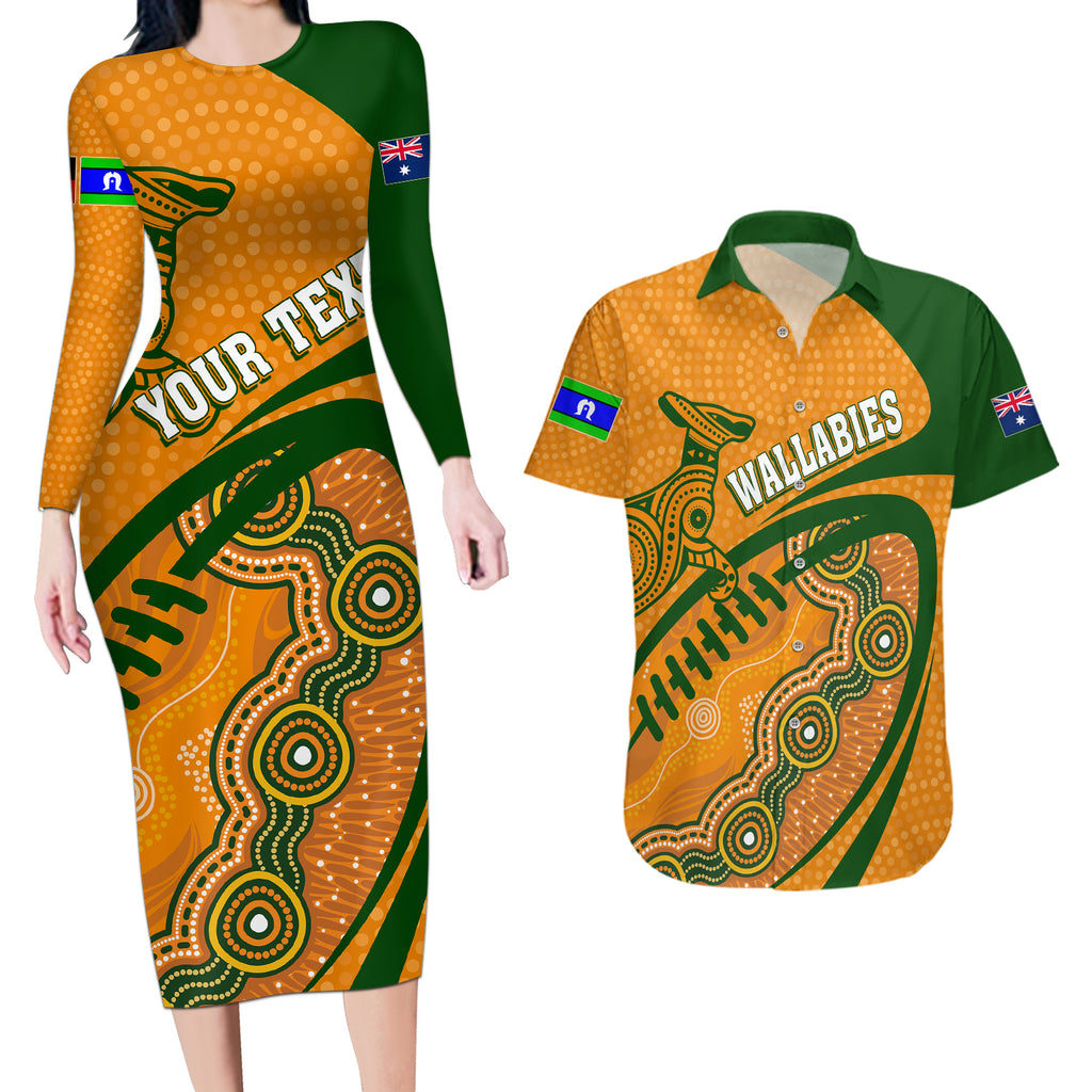 personalised-aussie-wallabies-couples-matching-long-sleeve-bodycon-dress-and-hawaiian-shirt-rugby-world-cup-indigenous