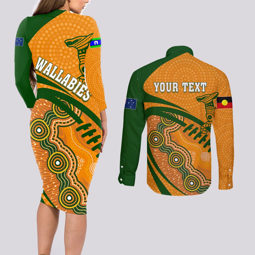 personalised-aussie-wallabies-couples-matching-long-sleeve-bodycon-dress-and-long-sleeve-button-shirts-rugby-world-cup-indigenous