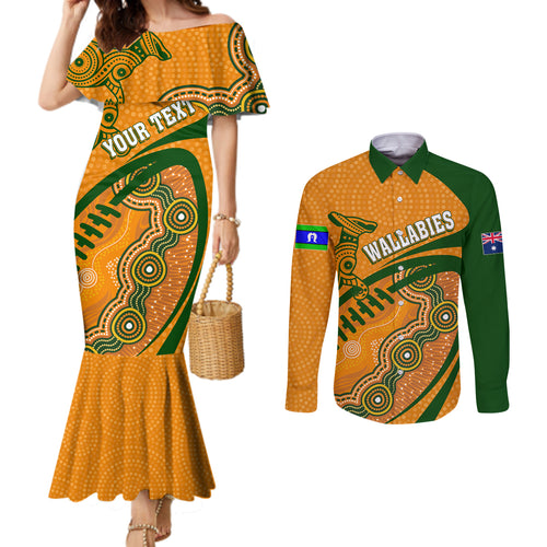 personalised-aussie-wallabies-couples-matching-mermaid-dress-and-long-sleeve-button-shirts-rugby-world-cup-indigenous