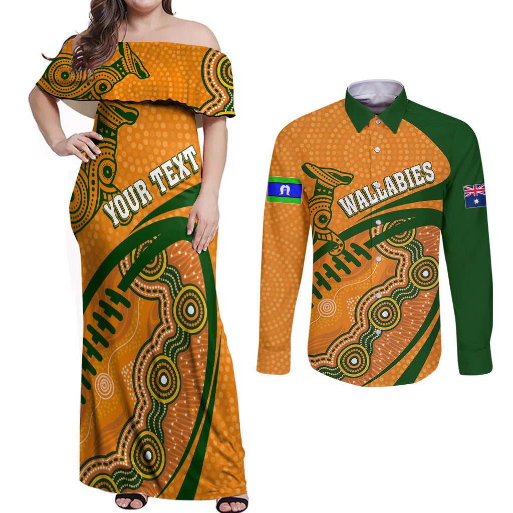 personalised-aussie-wallabies-couples-matching-off-shoulder-maxi-dress-and-long-sleeve-button-shirts-rugby-world-cup-indigenous