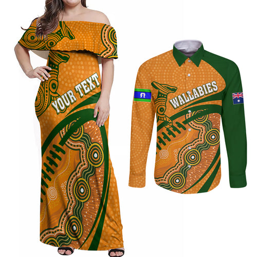 personalised-aussie-wallabies-couples-matching-off-shoulder-maxi-dress-and-long-sleeve-button-shirts-rugby-world-cup-indigenous