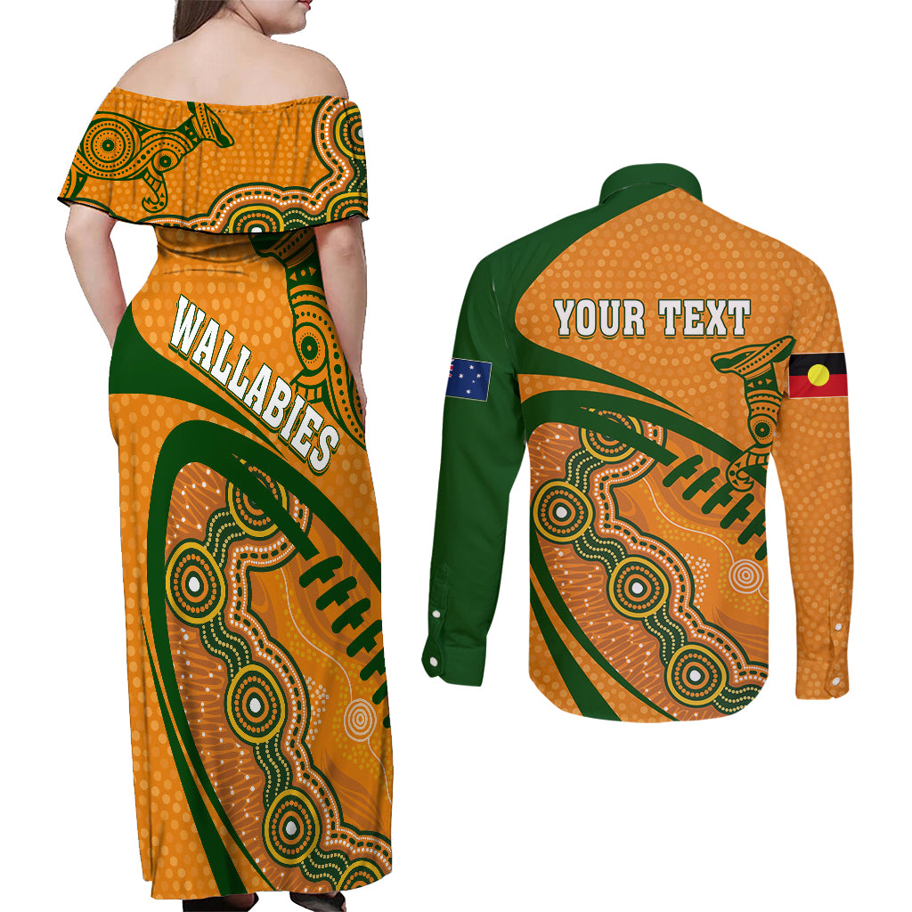 personalised-aussie-wallabies-couples-matching-off-shoulder-maxi-dress-and-long-sleeve-button-shirts-rugby-world-cup-indigenous