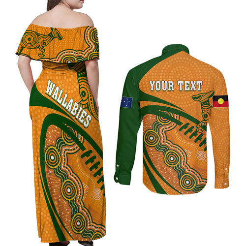 personalised-aussie-wallabies-couples-matching-off-shoulder-maxi-dress-and-long-sleeve-button-shirts-rugby-world-cup-indigenous