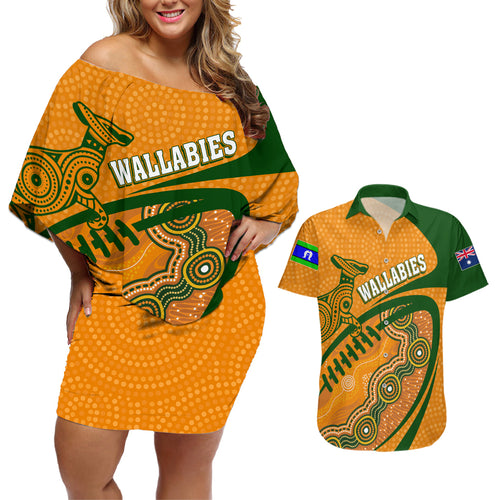 personalised-aussie-wallabies-couples-matching-off-shoulder-short-dress-and-hawaiian-shirt-rugby-world-cup-indigenous