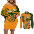 personalised-aussie-wallabies-couples-matching-off-shoulder-short-dress-and-long-sleeve-button-shirts-rugby-world-cup-indigenous