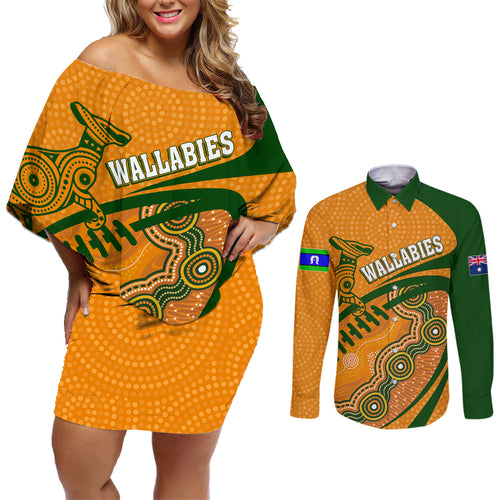 personalised-aussie-wallabies-couples-matching-off-shoulder-short-dress-and-long-sleeve-button-shirts-rugby-world-cup-indigenous