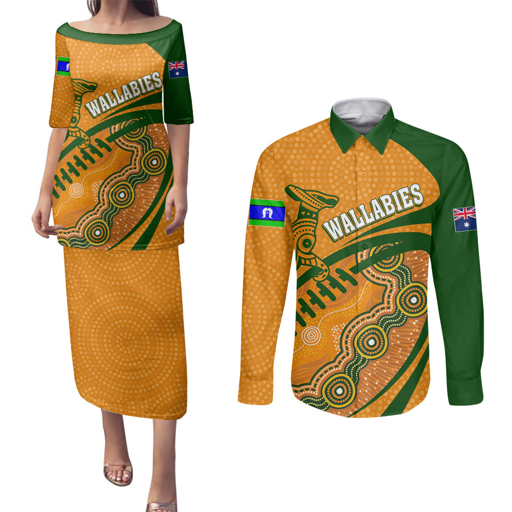 personalised-aussie-wallabies-couples-matching-puletasi-dress-and-long-sleeve-button-shirts-rugby-world-cup-indigenous