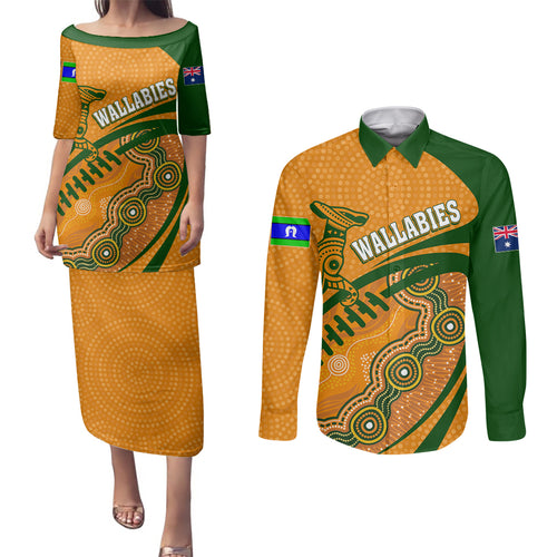 personalised-aussie-wallabies-couples-matching-puletasi-dress-and-long-sleeve-button-shirts-rugby-world-cup-indigenous
