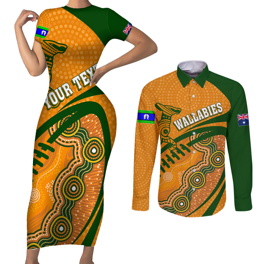 personalised-aussie-wallabies-couples-matching-short-sleeve-bodycon-dress-and-long-sleeve-button-shirts-rugby-world-cup-indigenous
