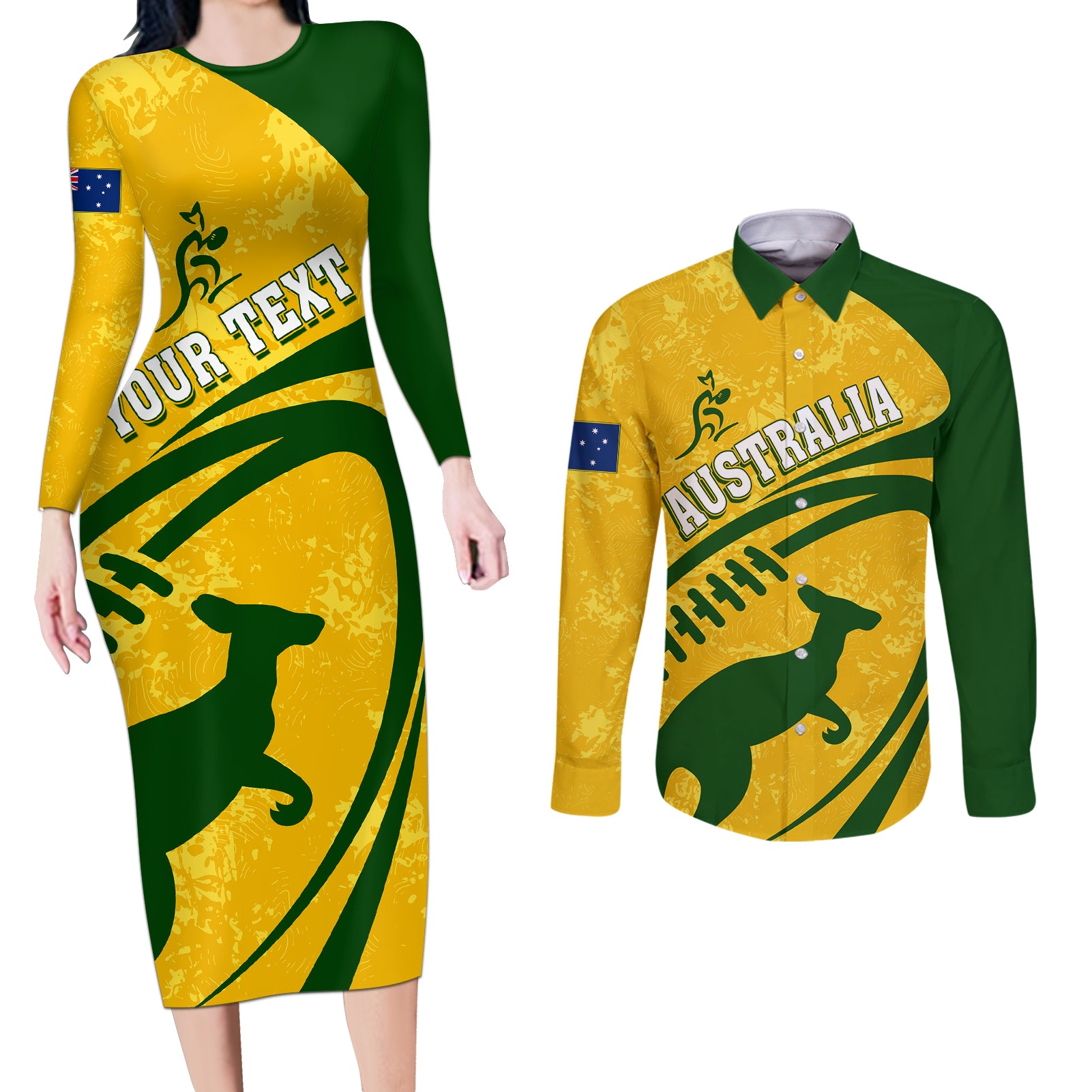 personalised-aussie-wallabies-couples-matching-long-sleeve-bodycon-dress-and-long-sleeve-button-shirts-rugby-world-cup-sporty-dynamic