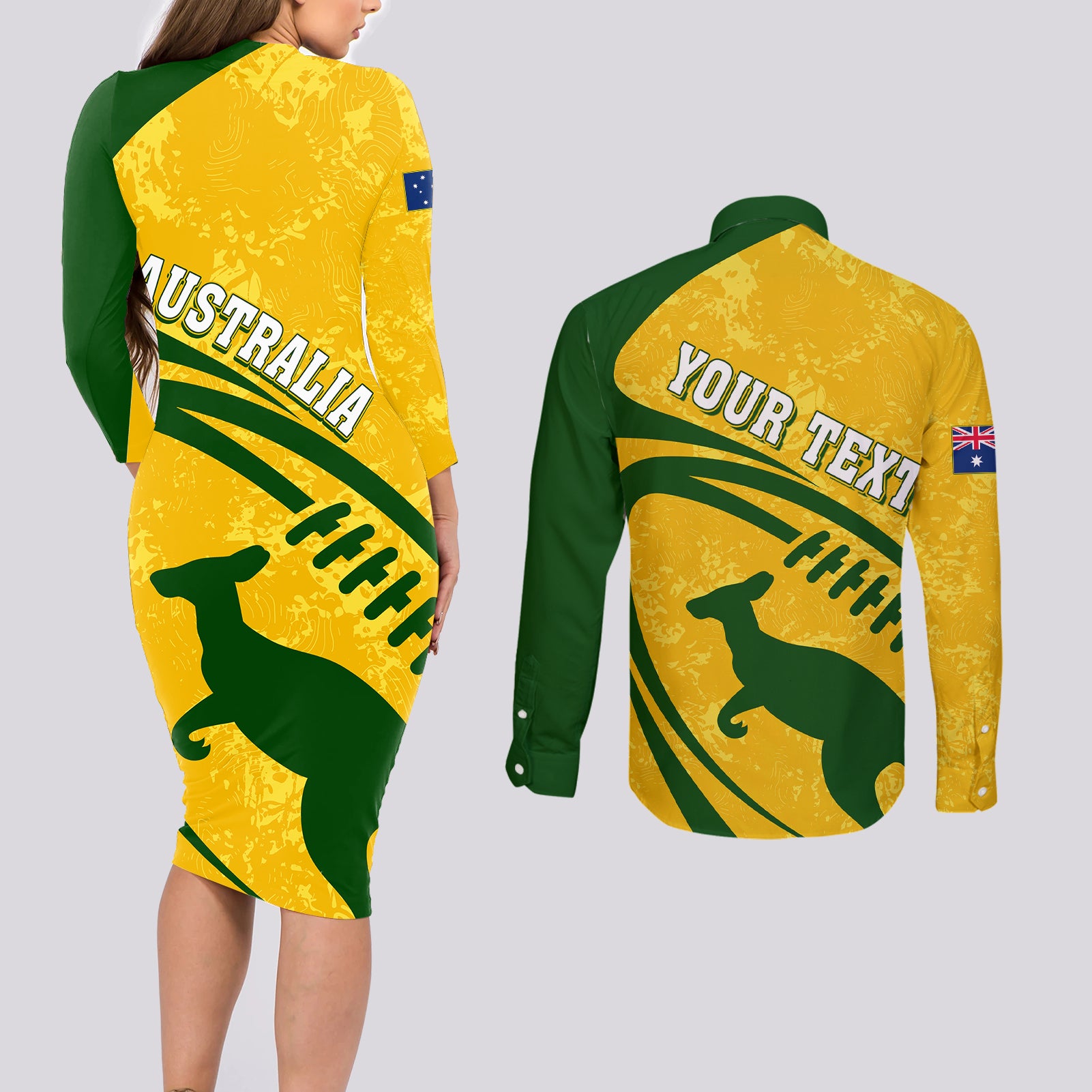 personalised-aussie-wallabies-couples-matching-long-sleeve-bodycon-dress-and-long-sleeve-button-shirts-rugby-world-cup-sporty-dynamic