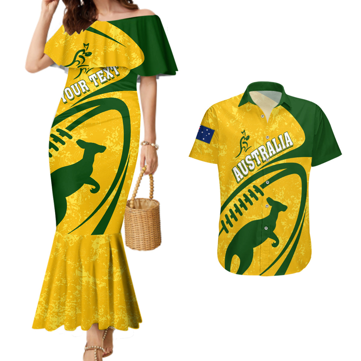 personalised-aussie-wallabies-couples-matching-mermaid-dress-and-hawaiian-shirt-rugby-world-cup-sporty-dynamic