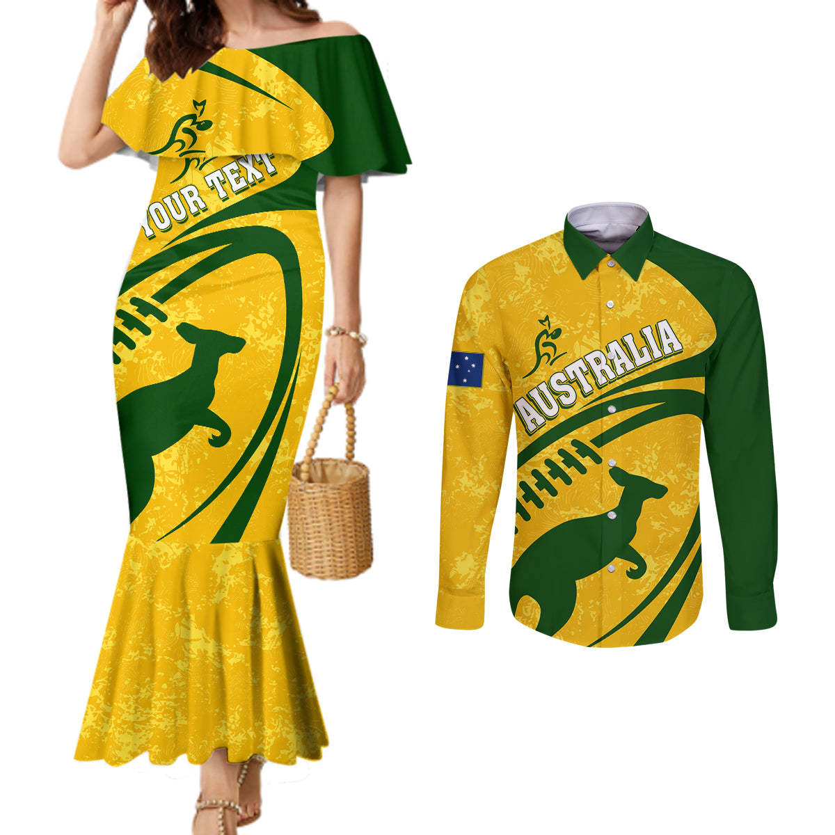 personalised-aussie-wallabies-couples-matching-mermaid-dress-and-long-sleeve-button-shirts-rugby-world-cup-sporty-dynamic