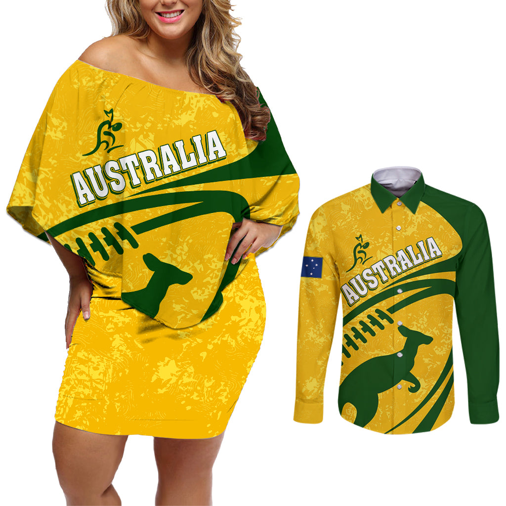 personalised-aussie-wallabies-couples-matching-off-shoulder-short-dress-and-long-sleeve-button-shirts-rugby-world-cup-sporty-dynamic