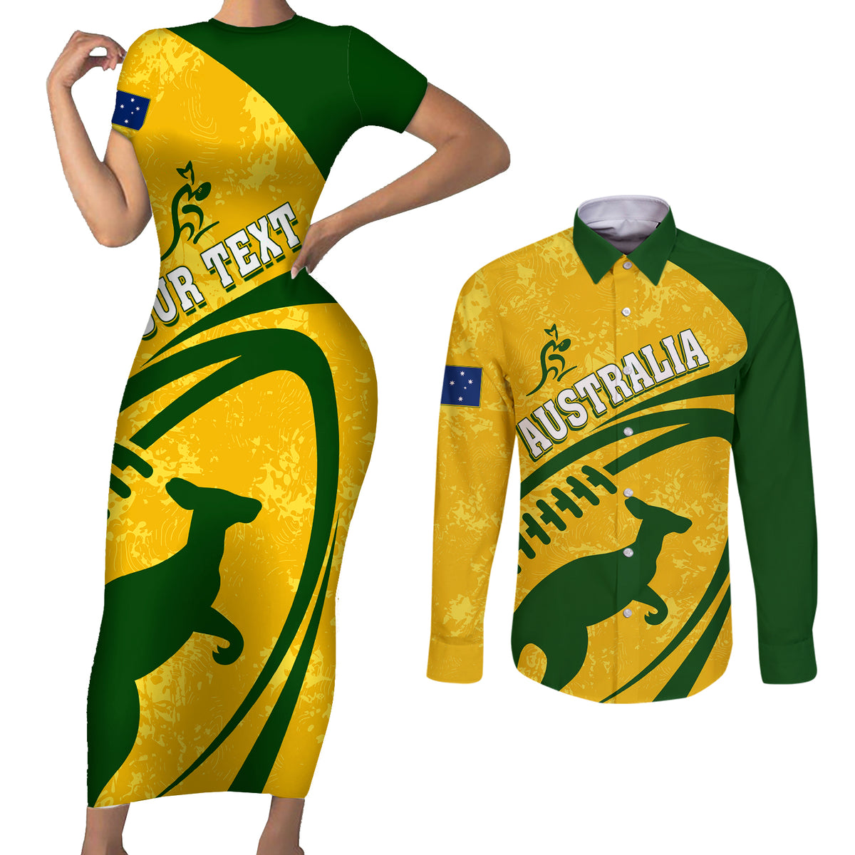 personalised-aussie-wallabies-couples-matching-short-sleeve-bodycon-dress-and-long-sleeve-button-shirts-rugby-world-cup-sporty-dynamic