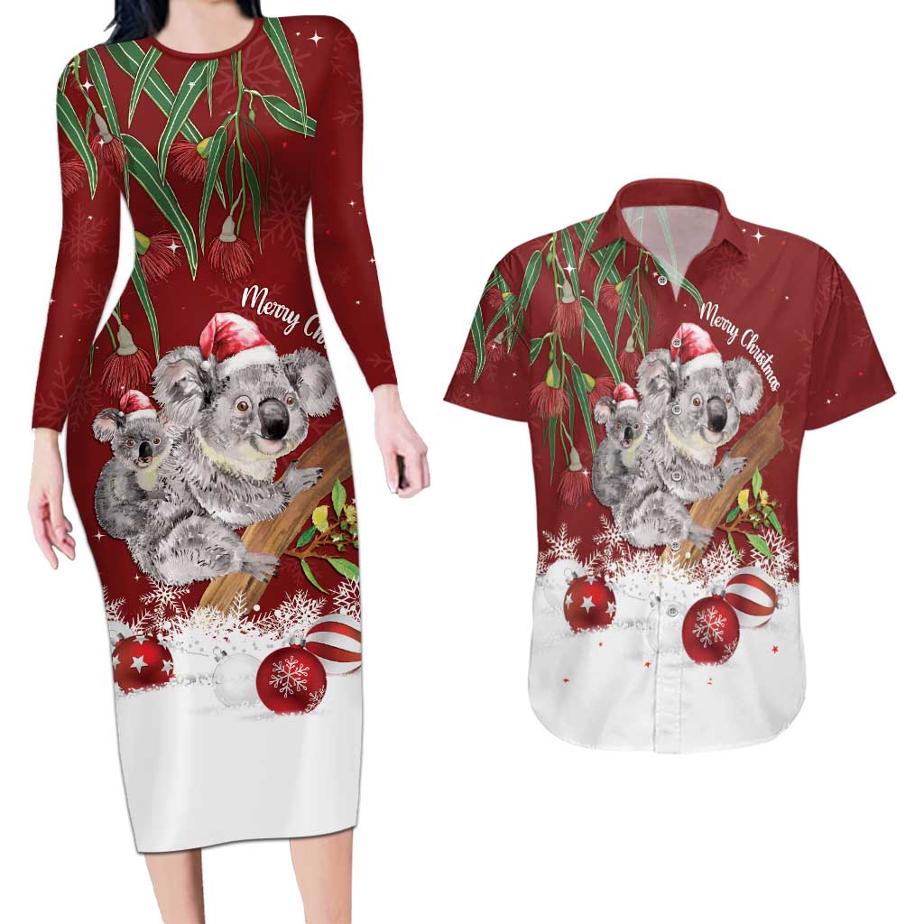 Personalised Aussie Christmas Couples Matching Long Sleeve Bodycon Dress and Hawaiian Shirt Mom & Baby Koala