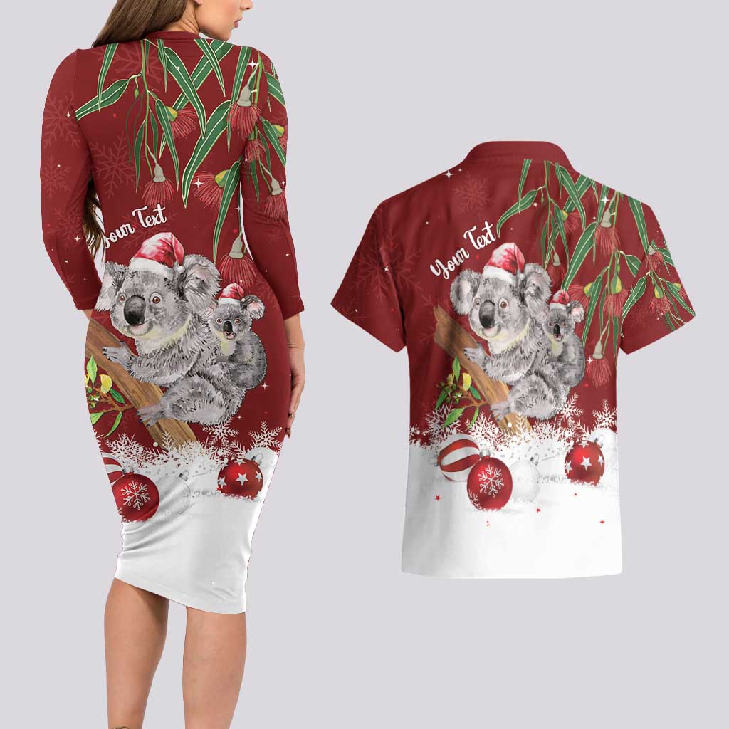 Personalised Aussie Christmas Couples Matching Long Sleeve Bodycon Dress and Hawaiian Shirt Mom & Baby Koala