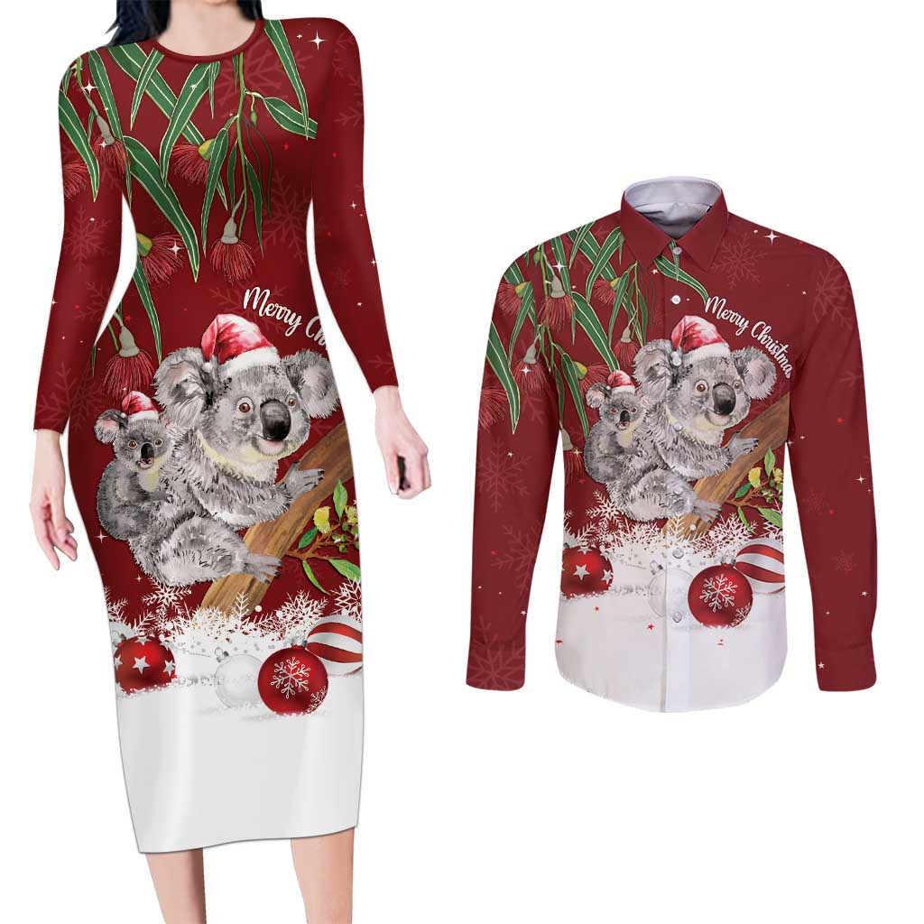 Personalised Aussie Christmas Couples Matching Long Sleeve Bodycon Dress and Long Sleeve Button Shirt Mom & Baby Koala