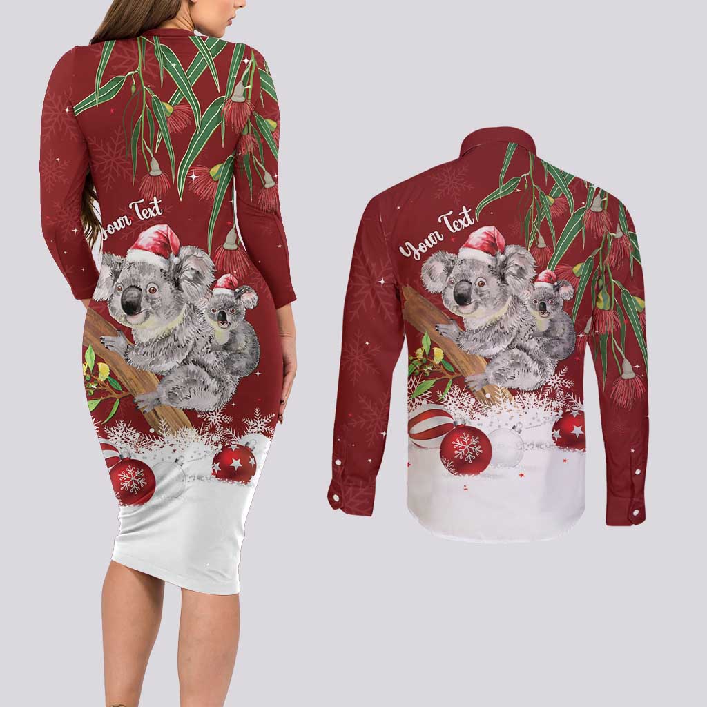 Personalised Aussie Christmas Couples Matching Long Sleeve Bodycon Dress and Long Sleeve Button Shirt Mom & Baby Koala