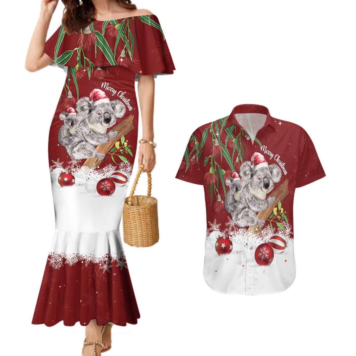 Personalised Aussie Christmas Couples Matching Mermaid Dress and Hawaiian Shirt Mom & Baby Koala