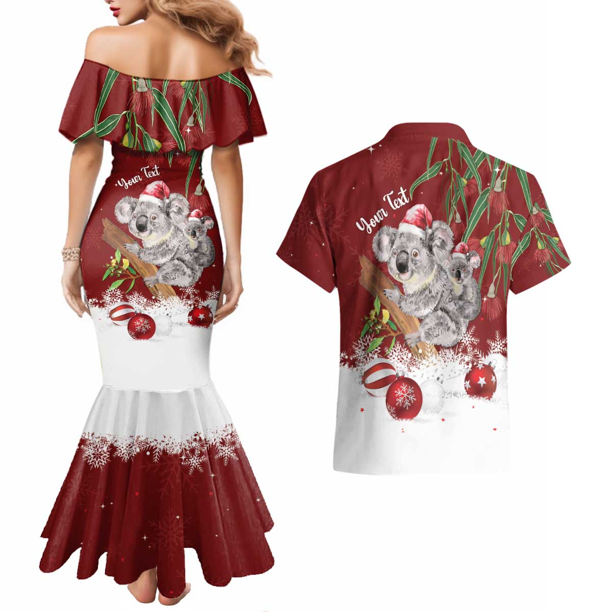 Personalised Aussie Christmas Couples Matching Mermaid Dress and Hawaiian Shirt Mom & Baby Koala