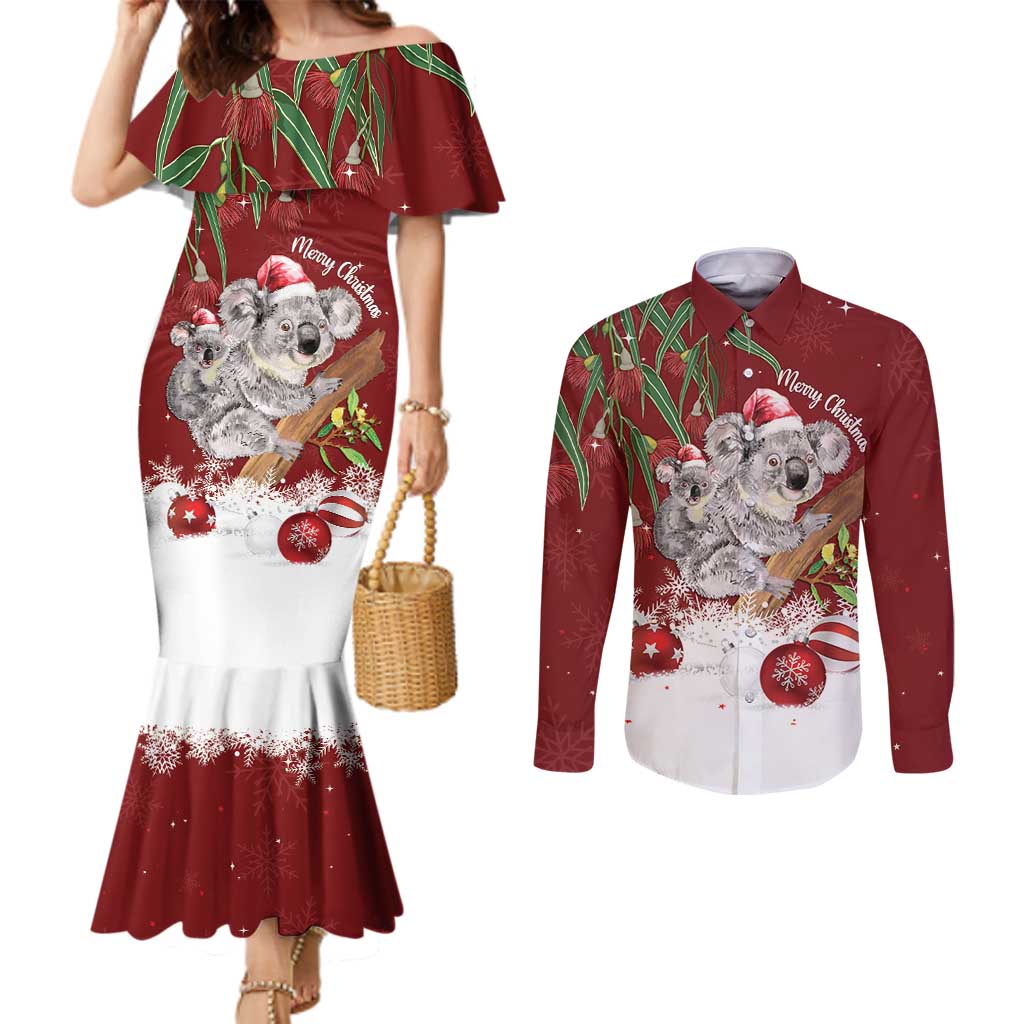 Personalised Aussie Christmas Couples Matching Mermaid Dress and Long Sleeve Button Shirt Mom & Baby Koala