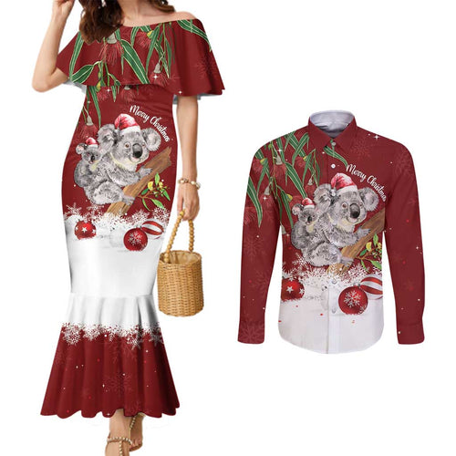 Personalised Aussie Christmas Couples Matching Mermaid Dress and Long Sleeve Button Shirt Mom & Baby Koala