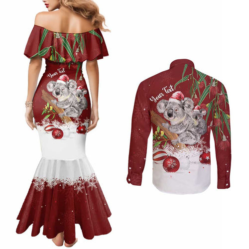 Personalised Aussie Christmas Couples Matching Mermaid Dress and Long Sleeve Button Shirt Mom & Baby Koala