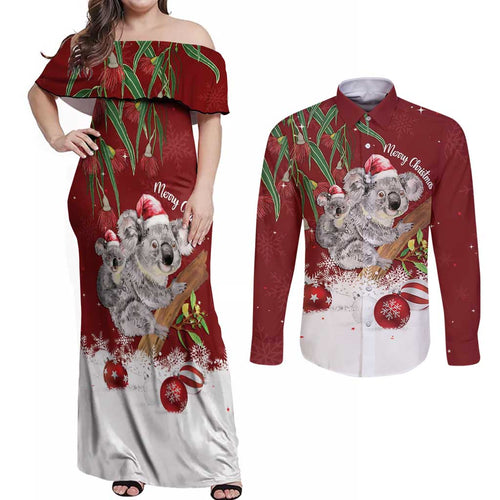 Personalised Aussie Christmas Couples Matching Off Shoulder Maxi Dress and Long Sleeve Button Shirt Mom & Baby Koala