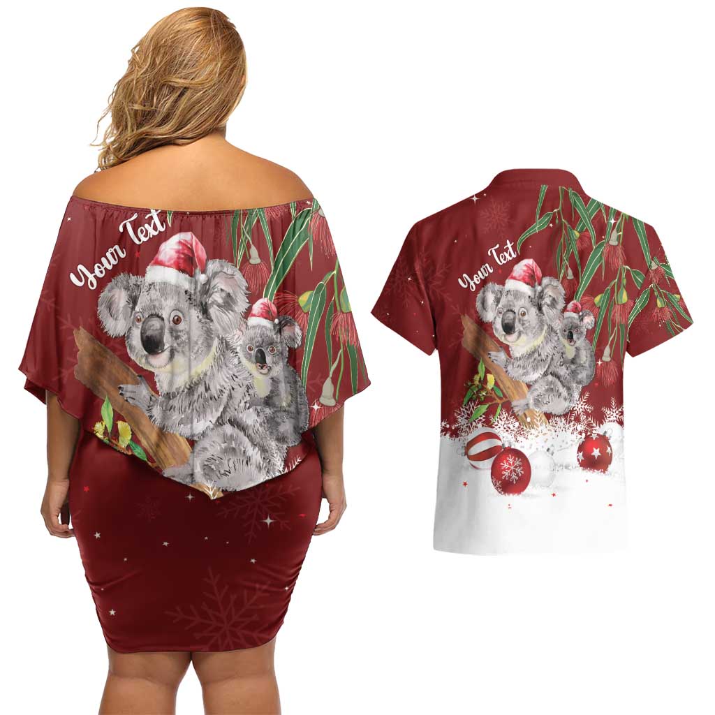 Personalised Aussie Christmas Couples Matching Off Shoulder Short Dress and Hawaiian Shirt Mom & Baby Koala