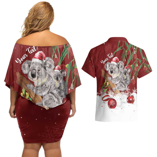 Personalised Aussie Christmas Couples Matching Off Shoulder Short Dress and Hawaiian Shirt Mom & Baby Koala