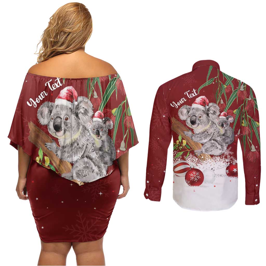 Personalised Aussie Christmas Couples Matching Off Shoulder Short Dress and Long Sleeve Button Shirt Mom & Baby Koala