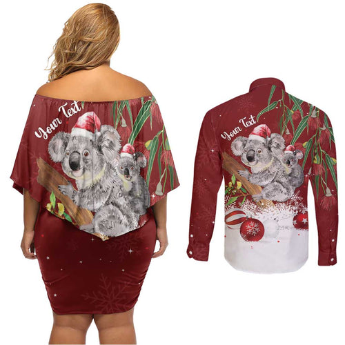Personalised Aussie Christmas Couples Matching Off Shoulder Short Dress and Long Sleeve Button Shirt Mom & Baby Koala