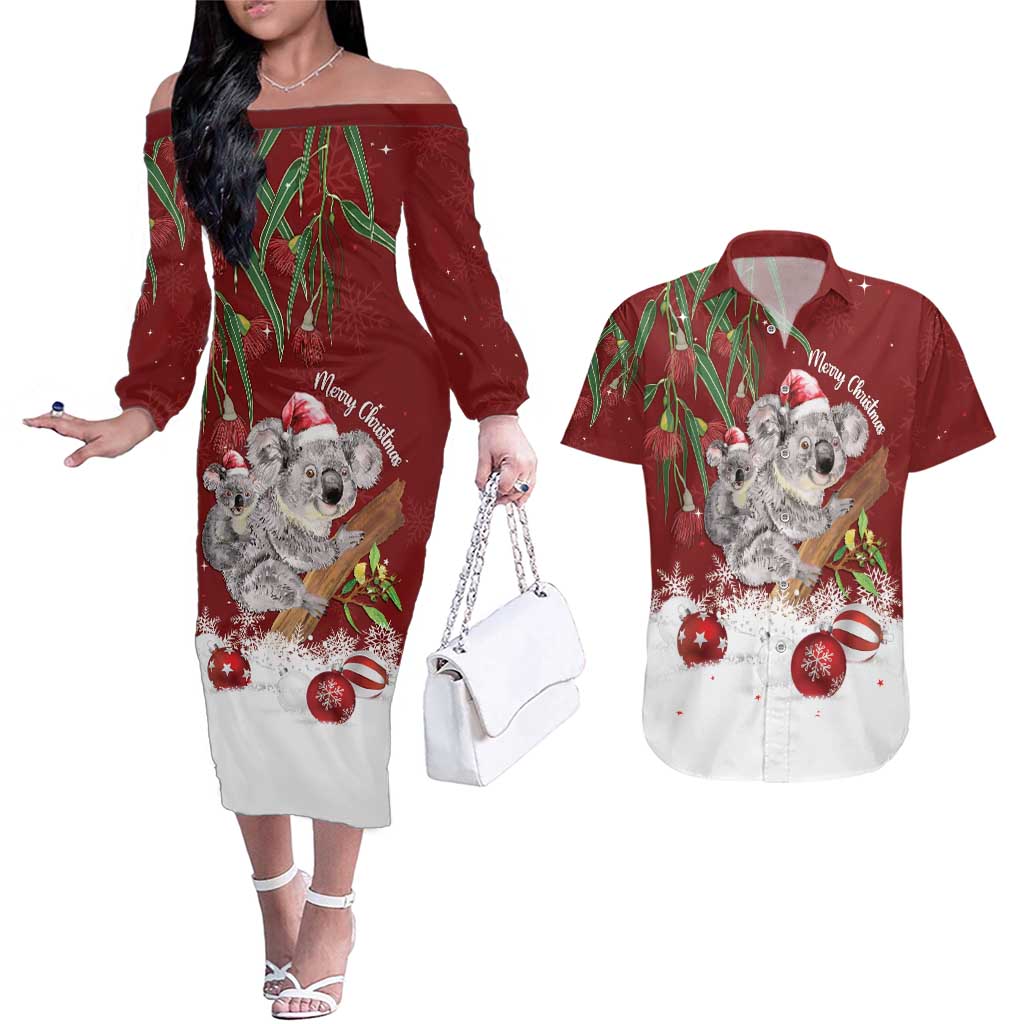 Personalised Aussie Christmas Couples Matching Off The Shoulder Long Sleeve Dress and Hawaiian Shirt Mom & Baby Koala