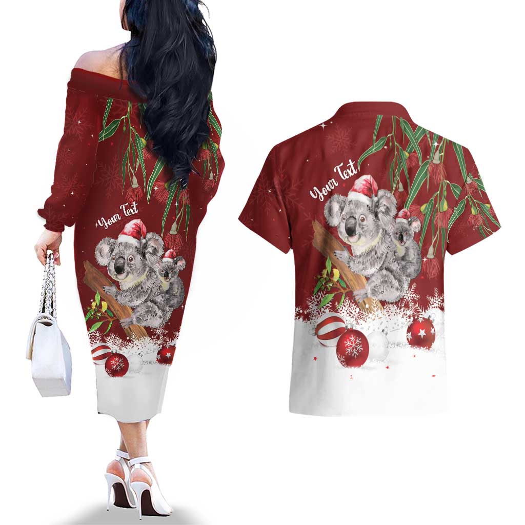 Personalised Aussie Christmas Couples Matching Off The Shoulder Long Sleeve Dress and Hawaiian Shirt Mom & Baby Koala