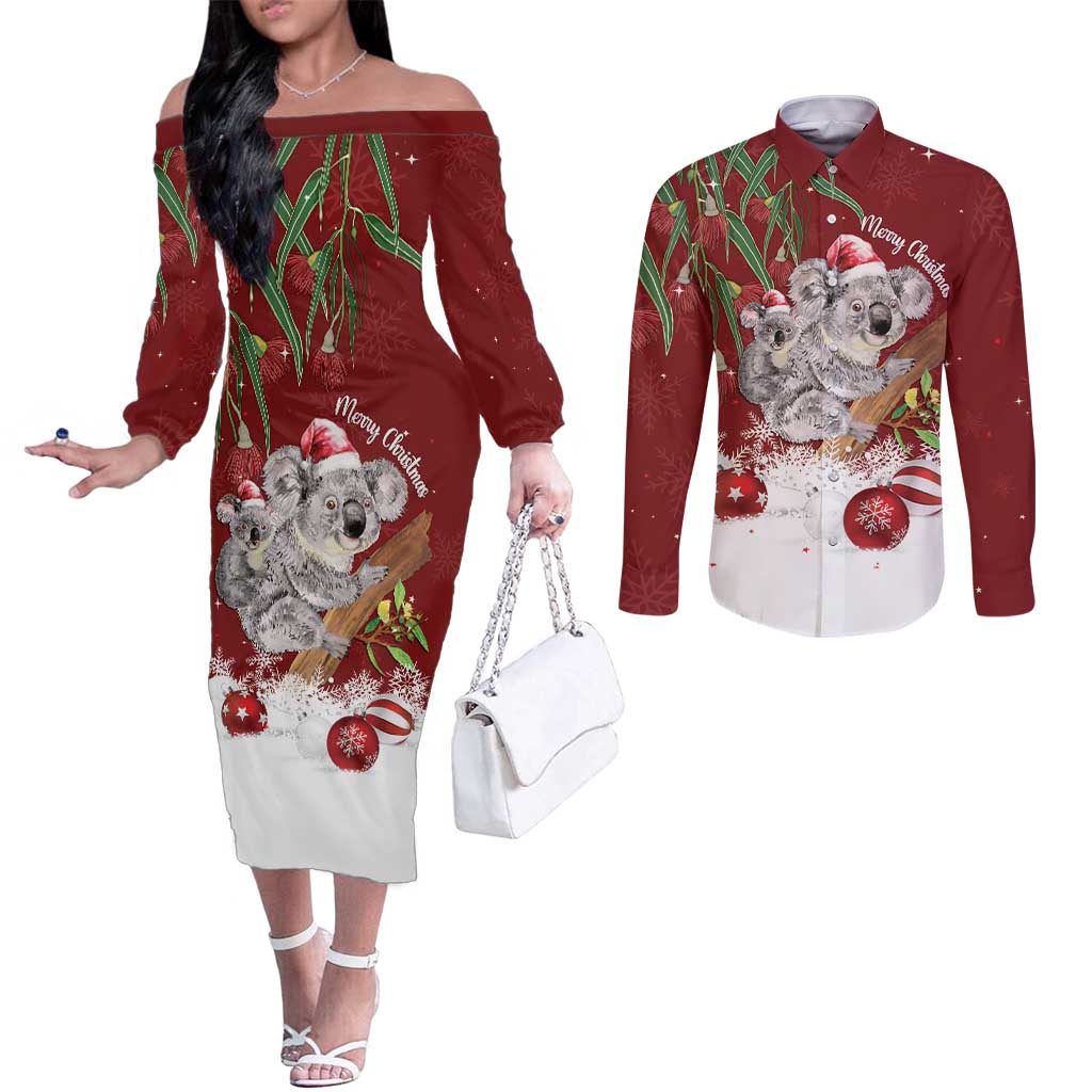 Personalised Aussie Christmas Couples Matching Off The Shoulder Long Sleeve Dress and Long Sleeve Button Shirt Mom & Baby Koala