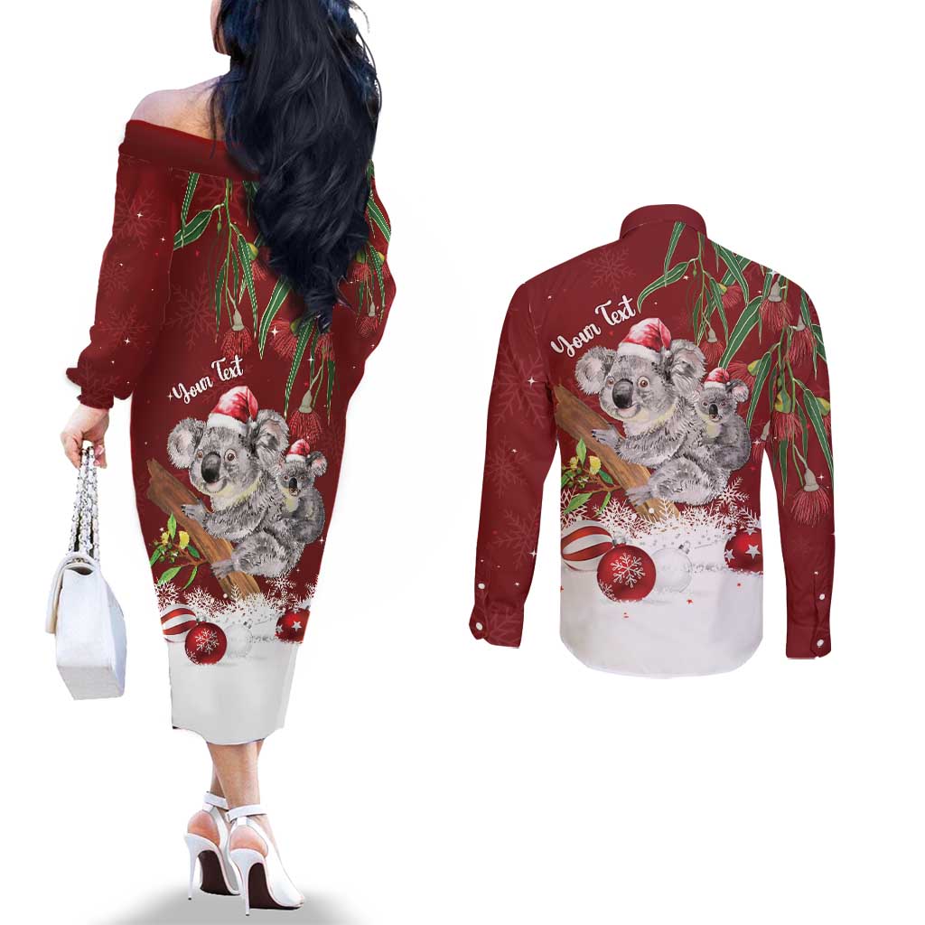Personalised Aussie Christmas Couples Matching Off The Shoulder Long Sleeve Dress and Long Sleeve Button Shirt Mom & Baby Koala