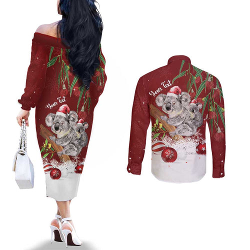 Personalised Aussie Christmas Couples Matching Off The Shoulder Long Sleeve Dress and Long Sleeve Button Shirt Mom & Baby Koala