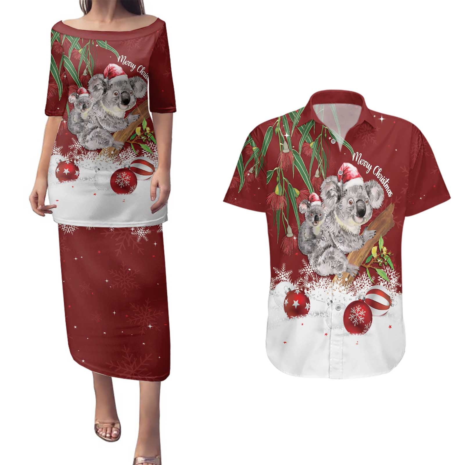 Personalised Aussie Christmas Couples Matching Puletasi and Hawaiian Shirt Mom & Baby Koala
