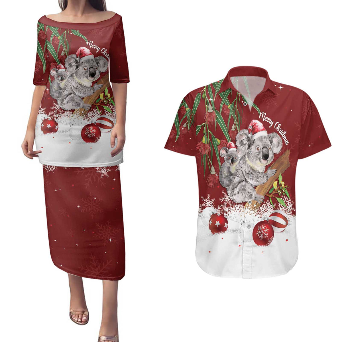 Personalised Aussie Christmas Couples Matching Puletasi and Hawaiian Shirt Mom & Baby Koala