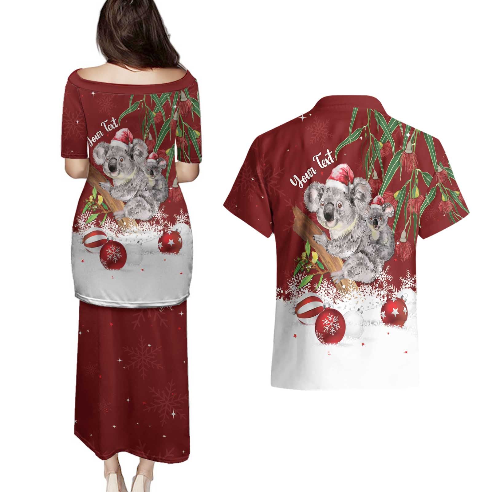 Personalised Aussie Christmas Couples Matching Puletasi and Hawaiian Shirt Mom & Baby Koala